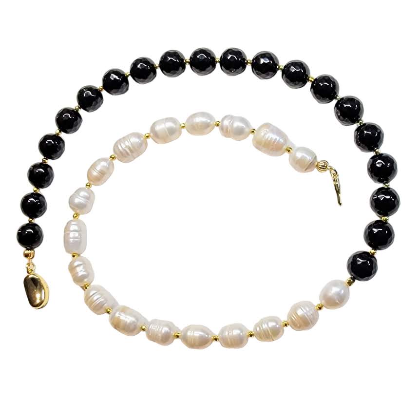 Potato Pearl Onyx Half and Half Necklace