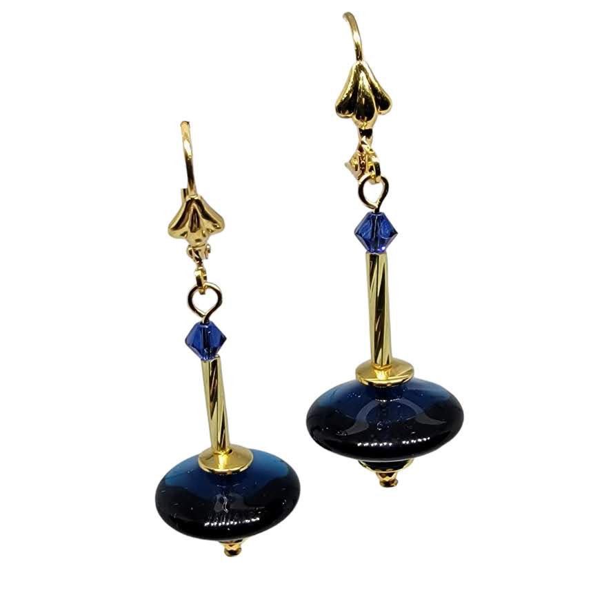 Czech Glass Deep Blue Disc Dangle Earrings