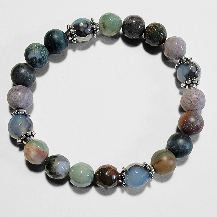 Indian Agate Sky Blue Agate Stretchy Bracelet Silver Tone