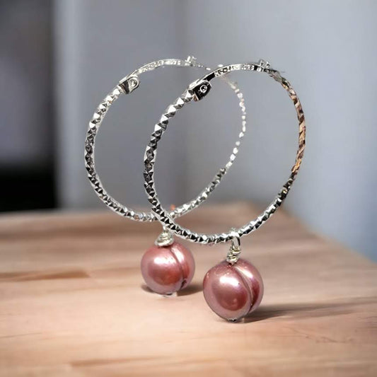 Dark Pink Potato Pearl Sterling Silver Hoop Earrings