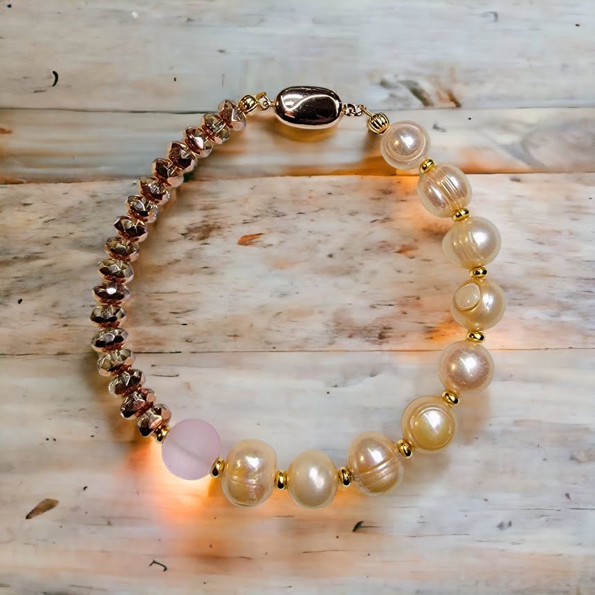 Peach Freshwater Potato Pearl Rose Disc Bracelet