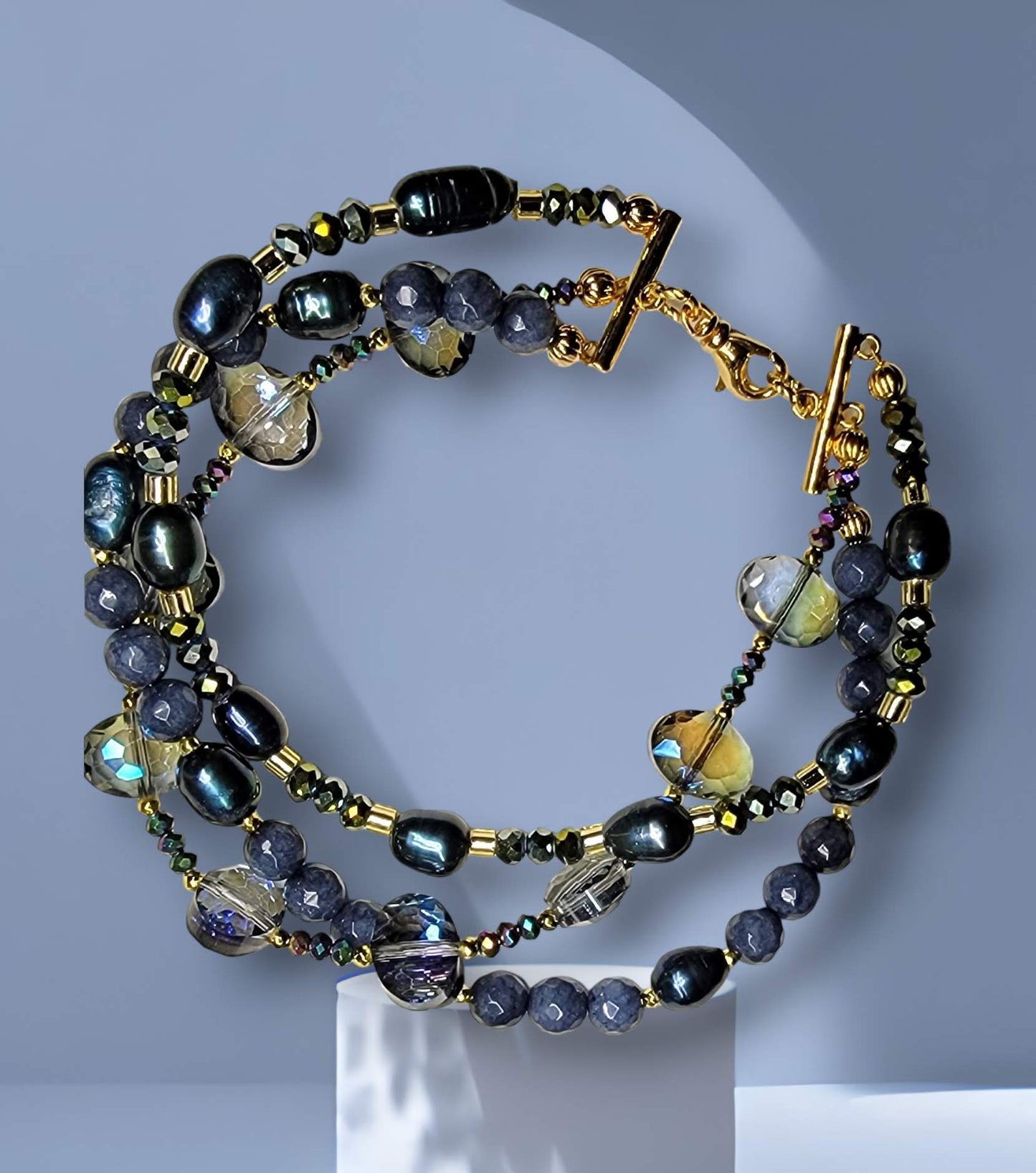 Freshwater Pearl Agate Triple Strand Bracelet