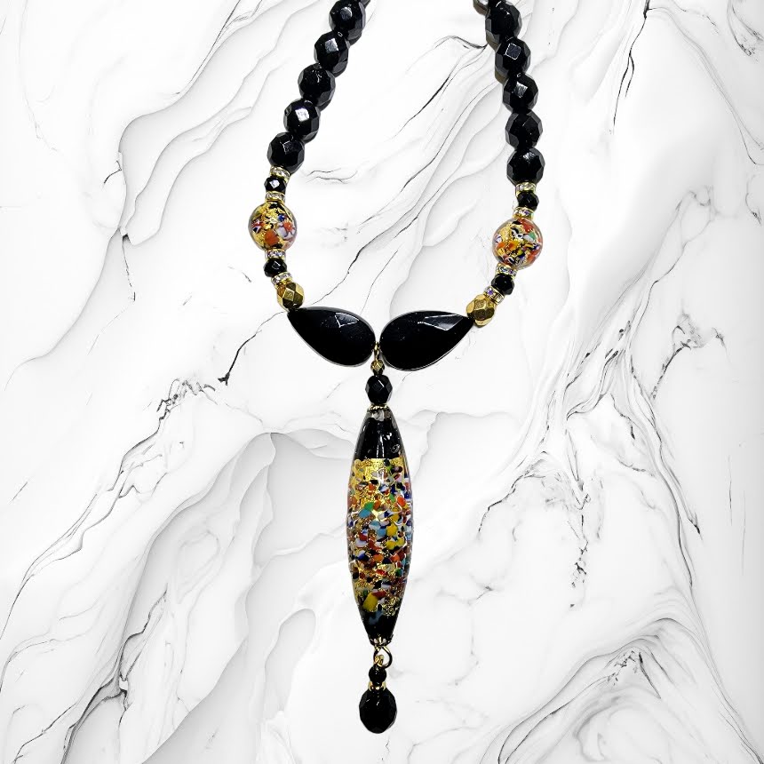 Venetian Glass Large Black Confetti Focal Bead Necklace