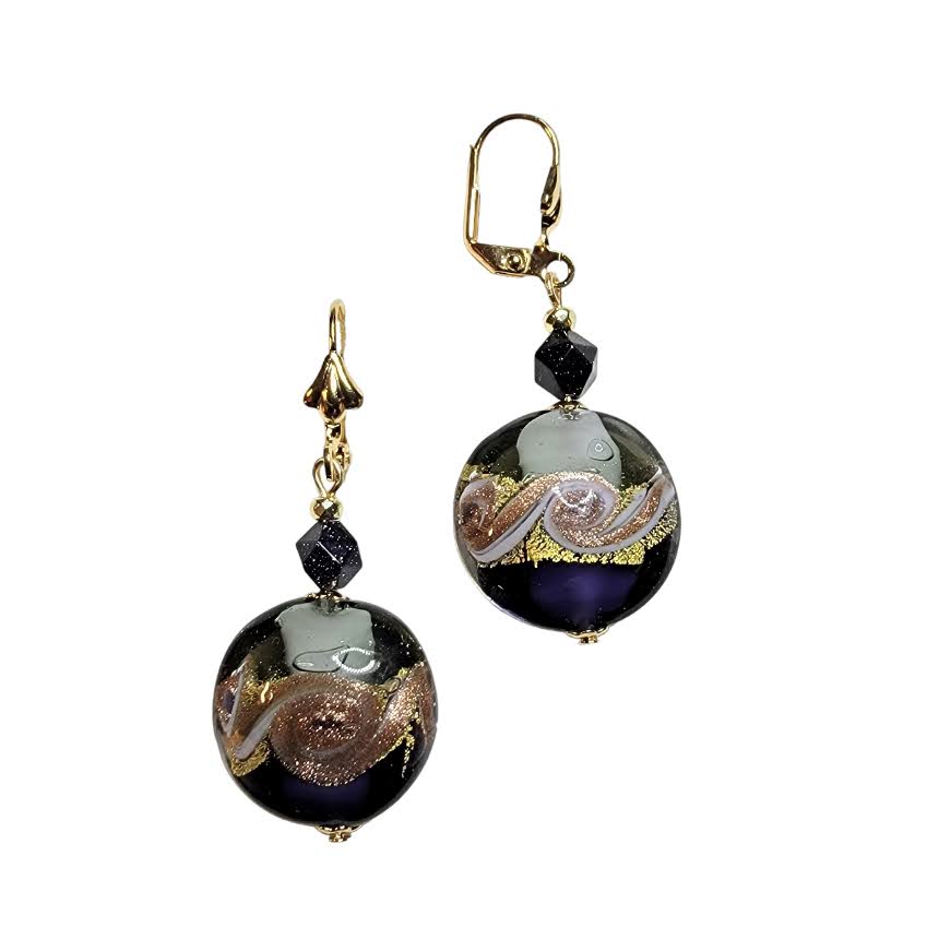 Venetian Glass Purple Ink Swirl Disc Earrings