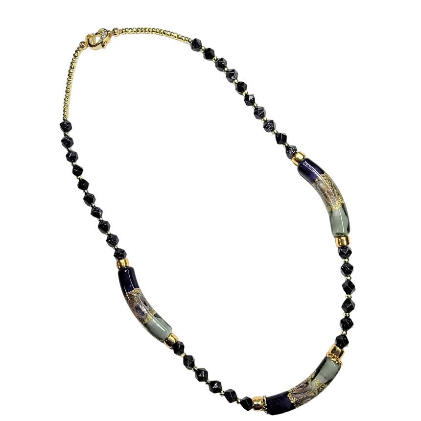 Venetian Glass Purple Ink Swirl Tube Bead Sodalite Necklace