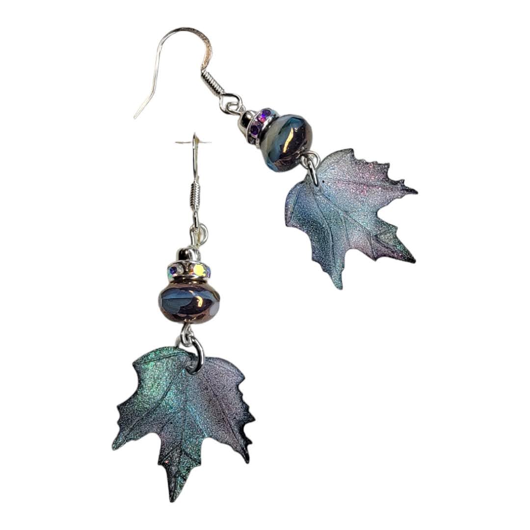 Aqua/Bronze Faceted Beaded Acrylic Leaf Silver Dangle Earring